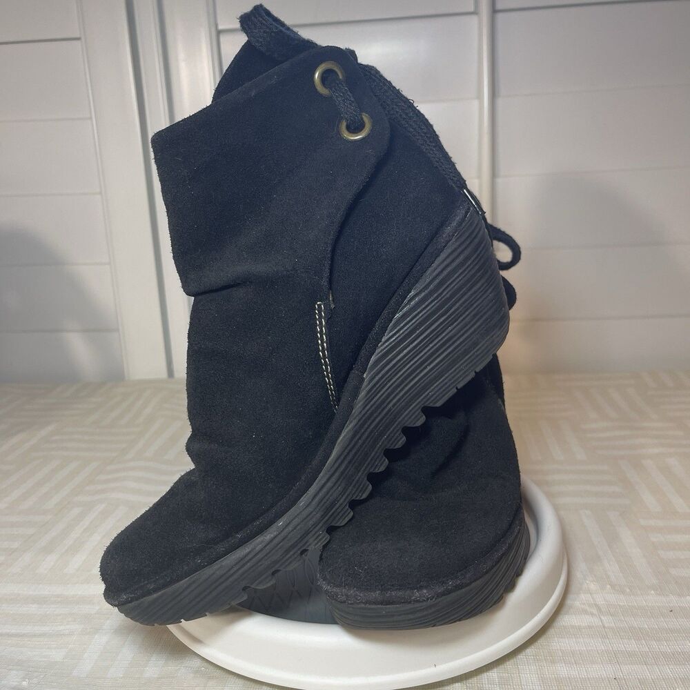 Fly London Yama 37 Women's Size 6 Shoes Black Suede Comfort Wedge Ankle Boots